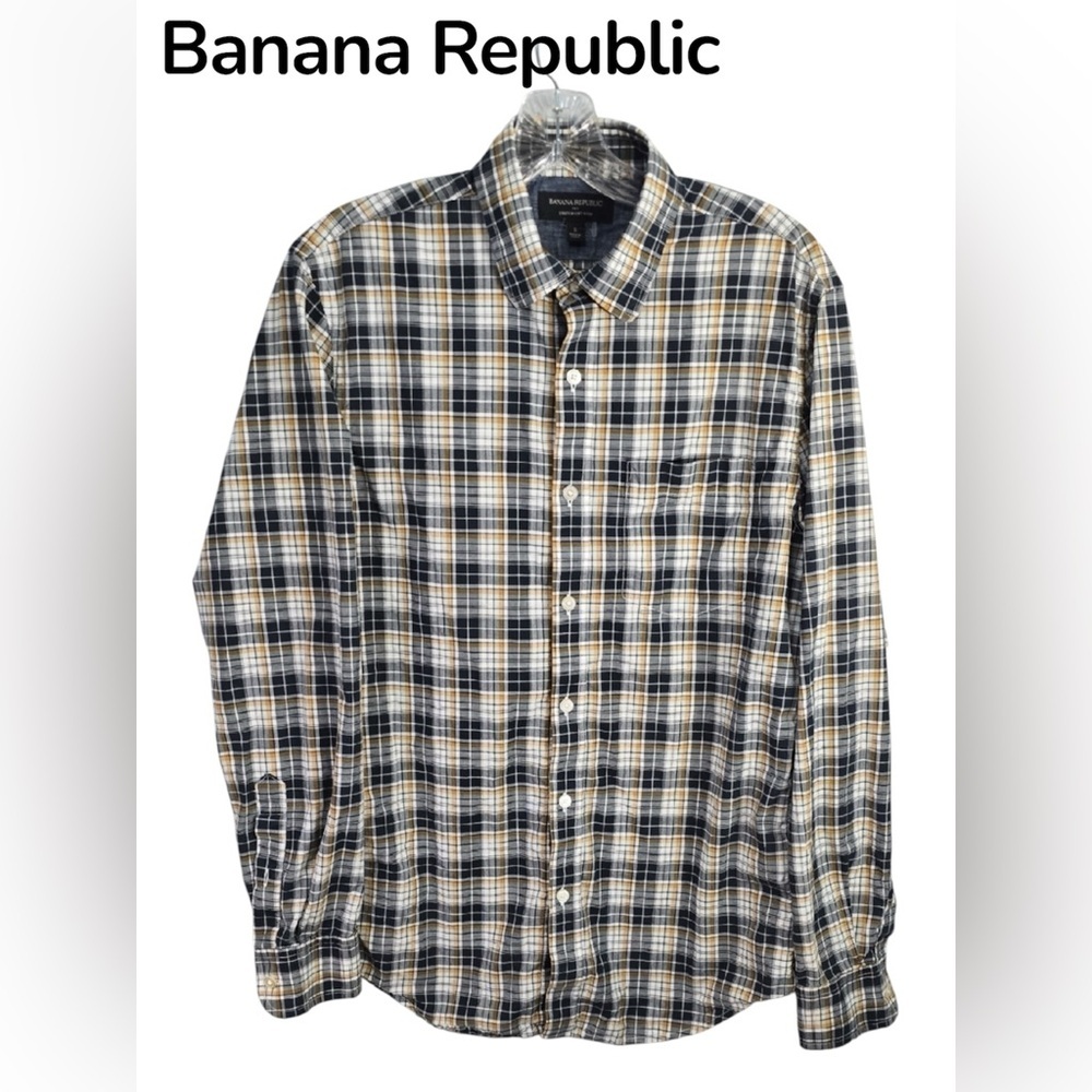 Banana Republic Plaid Button-Down Shirt‎ in Black, Tan & White Mens Size Small